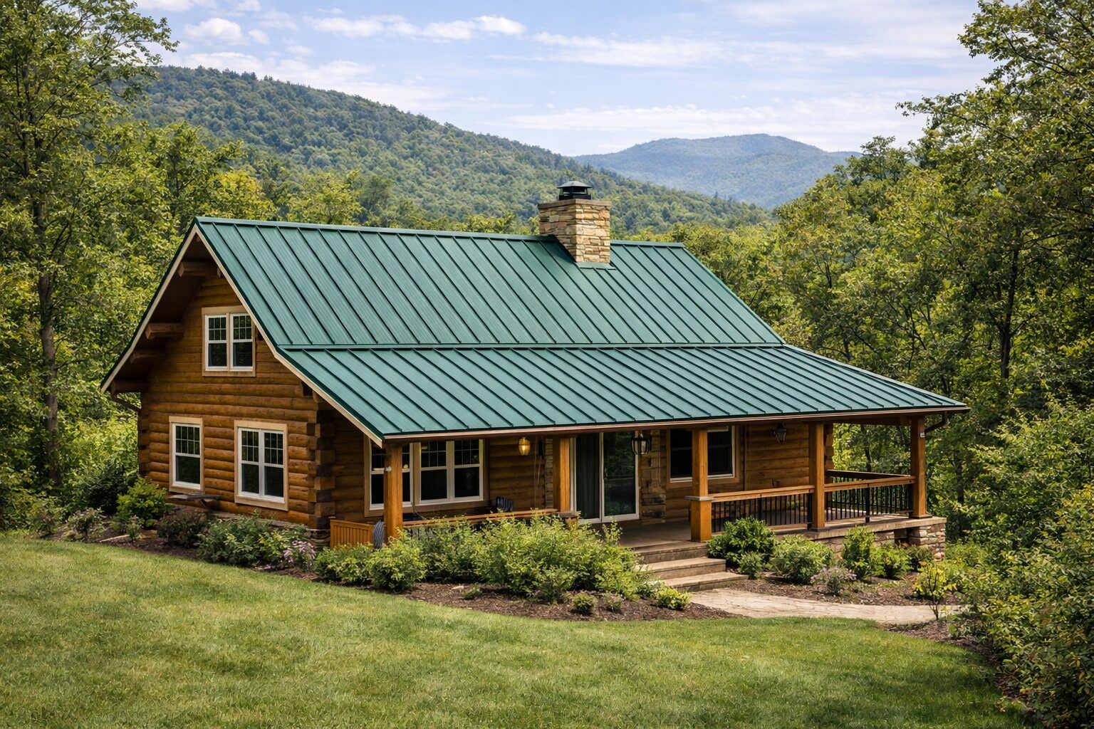 Standing seam metal roof on a mountain cabin